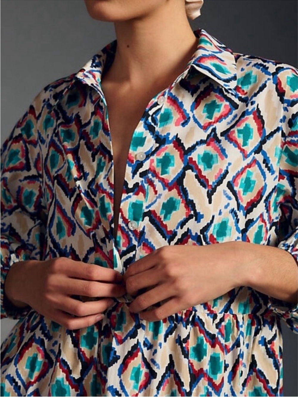 NWT Anthro Midi Dress inGeometric pattern. Button down long sleeve cotton - Picture 2 of 10